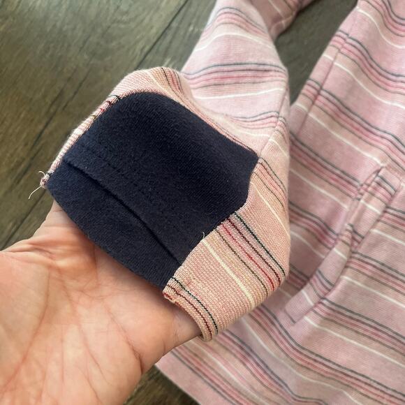 Ampersand Ave Pink Striped Navy Lining Double Hooded Sweatshirt Women's Sz LG - Picture 4 of 6